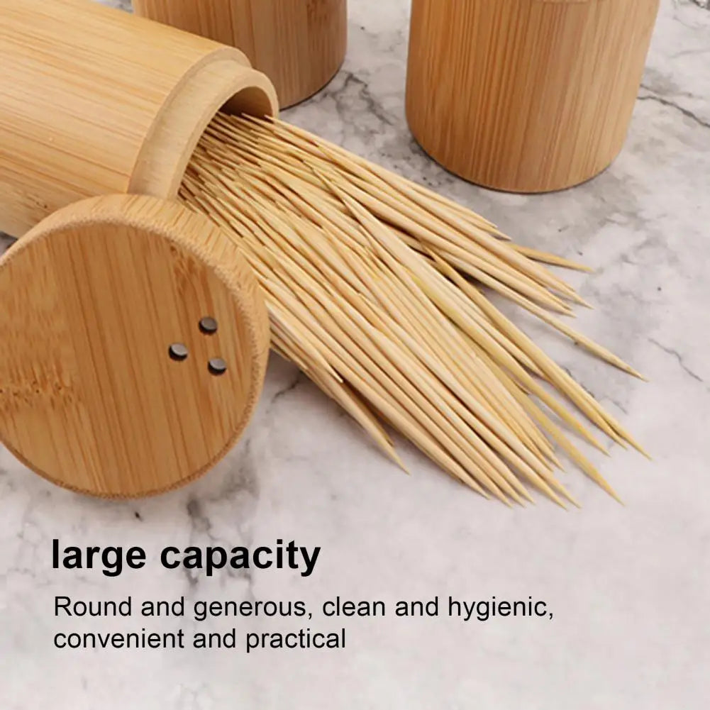 Bamboo Toothpick Storage Box – Portable Dustproof Round Dispenser with Large Capacity