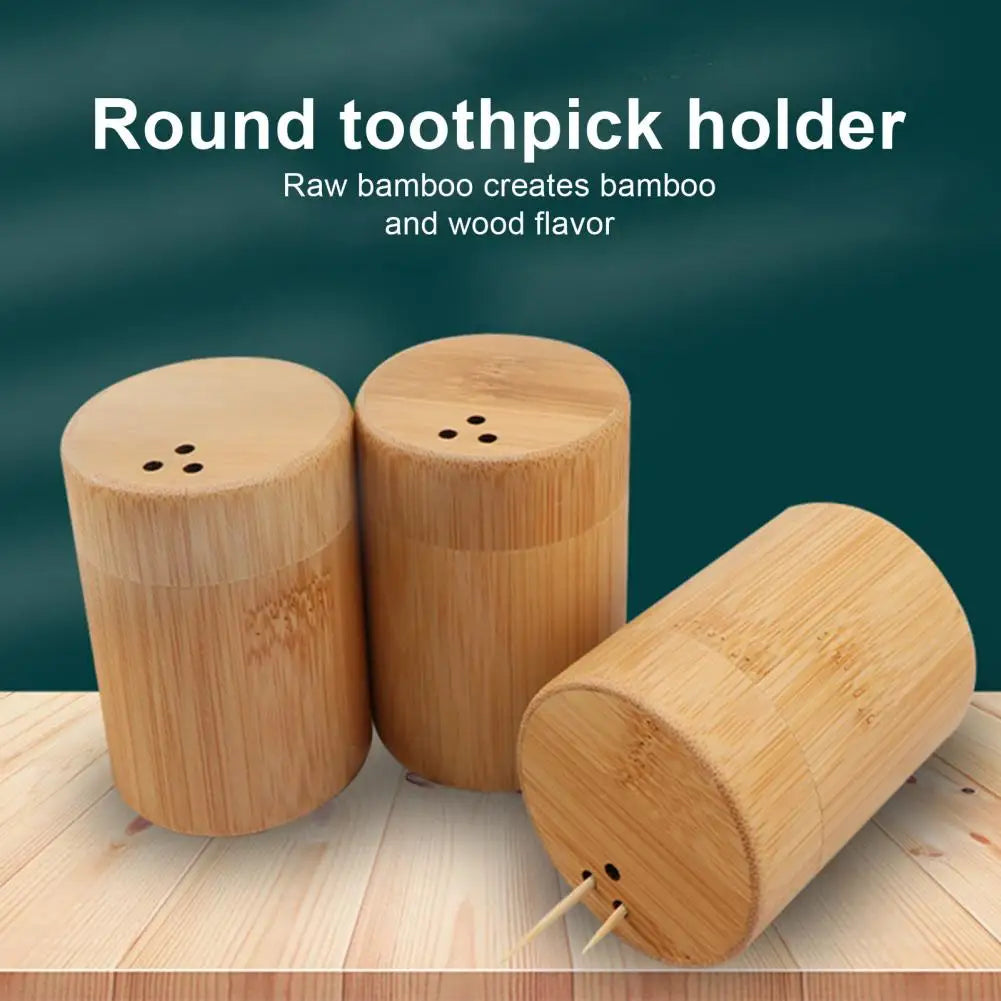 Bamboo Toothpick Storage Box – Portable Dustproof Round Dispenser with Large Capacity