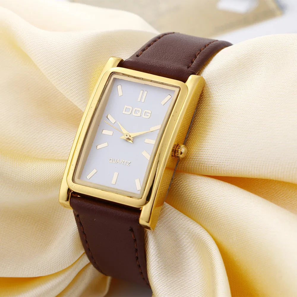 DQG Luxury Leather Strap Quartz Watch for Women | Simple Business Dress Watch with Gold Dial