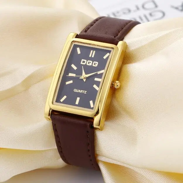 DQG Luxury Leather Strap Quartz Watch for Women | Simple Business Dress Watch with Gold Dial