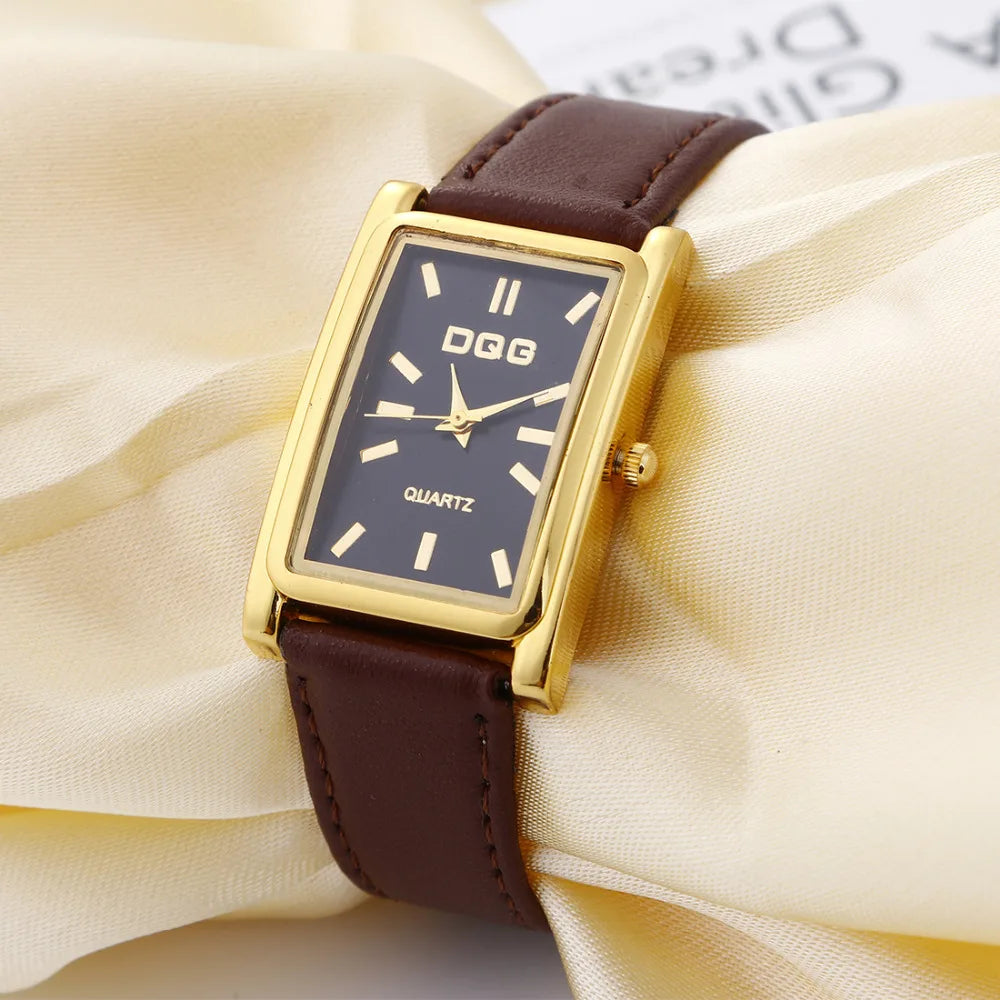 DQG Luxury Leather Strap Quartz Watch for Women | Simple Business Dress Watch with Gold Dial