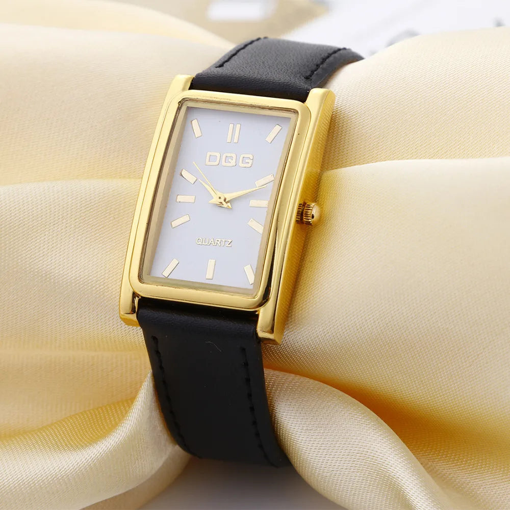 DQG Luxury Leather Strap Quartz Watch for Women | Simple Business Dress Watch with Gold Dial