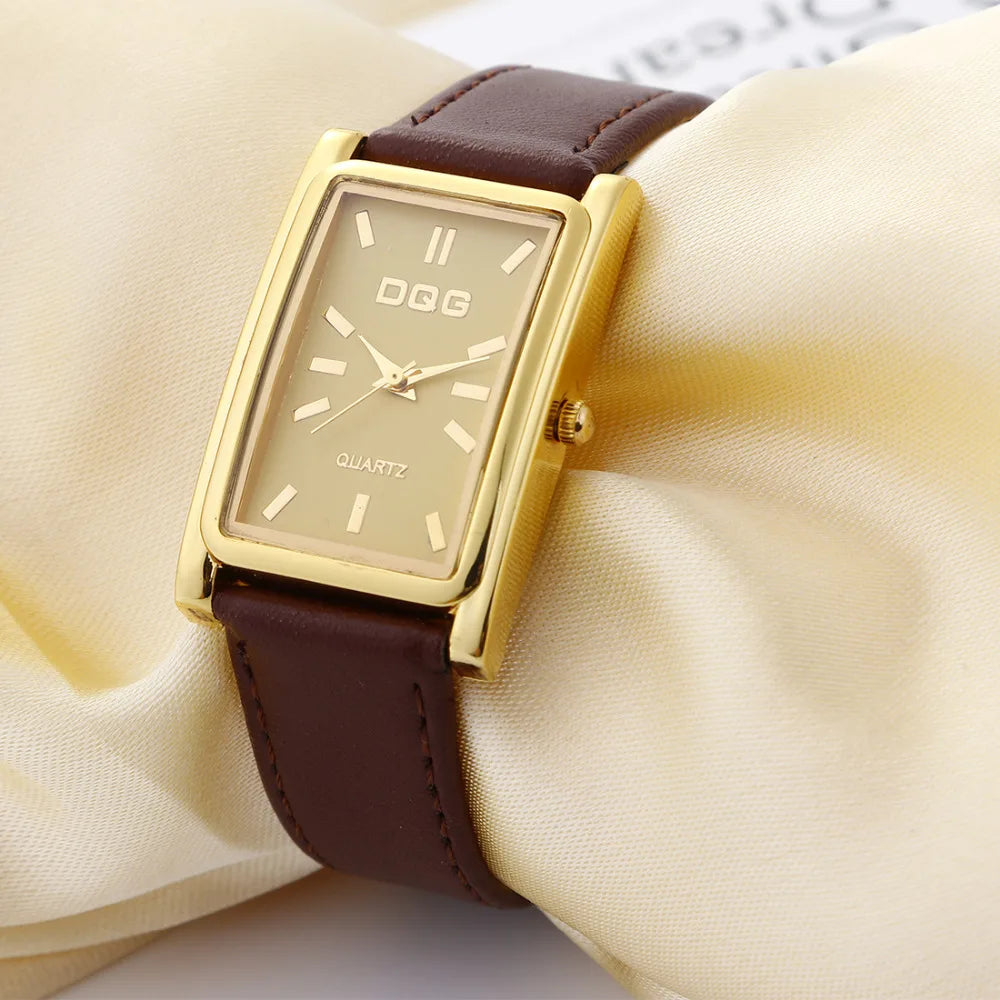 DQG Luxury Leather Strap Quartz Watch for Women | Simple Business Dress Watch with Gold Dial