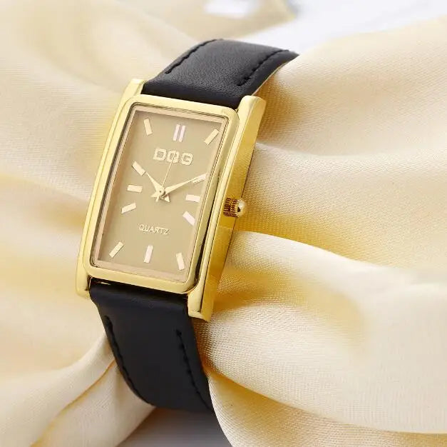 DQG Luxury Leather Strap Quartz Watch for Women | Simple Business Dress Watch with Gold Dial