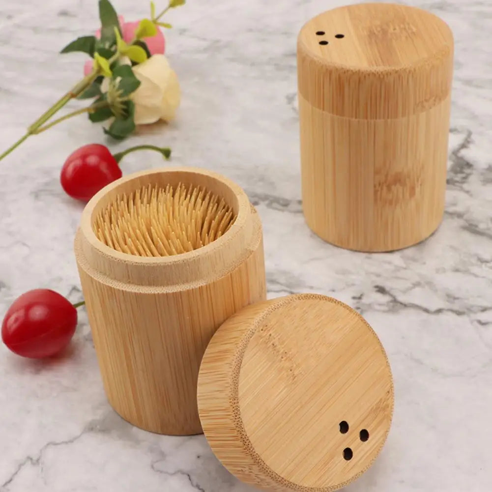 Bamboo Toothpick Storage Box – Portable Dustproof Round Dispenser with Large Capacity