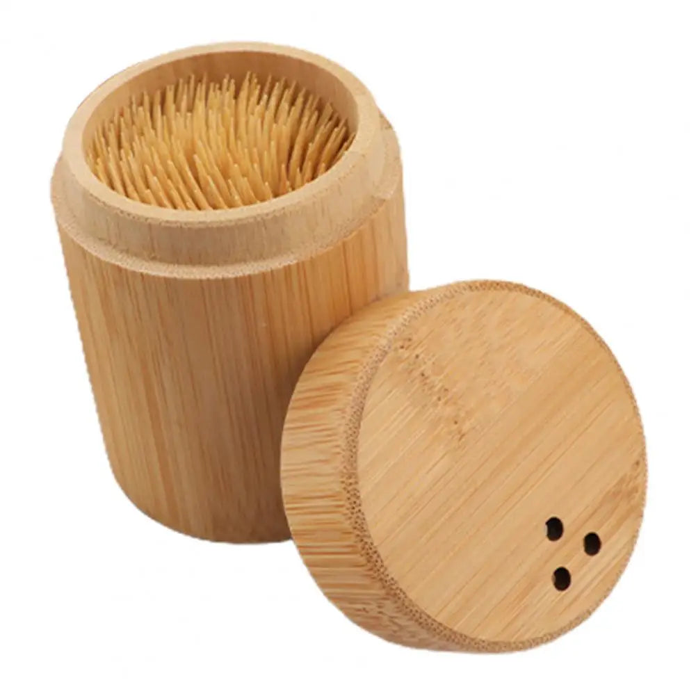 Bamboo Toothpick Storage Box – Portable Dustproof Round Dispenser with Large Capacity