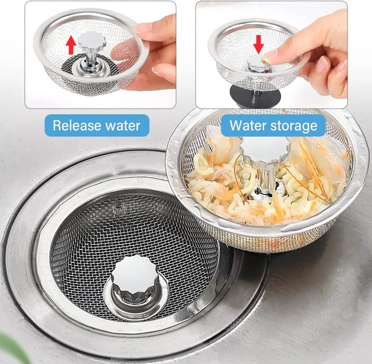 Stainless Steel Sink Strainer with Handle & Stopper – Anti-Clog Mesh Filter